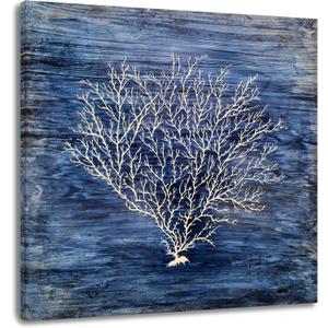 Yihui Arts Coral Canvas Wall Art Hand Painted Navy Blue and White Paintings Modern Abstract Tree Pictures Contemporary Coastal Artwork for Living Room Bedroom Bathroom decor (20L" x 20W", Coral Picture)