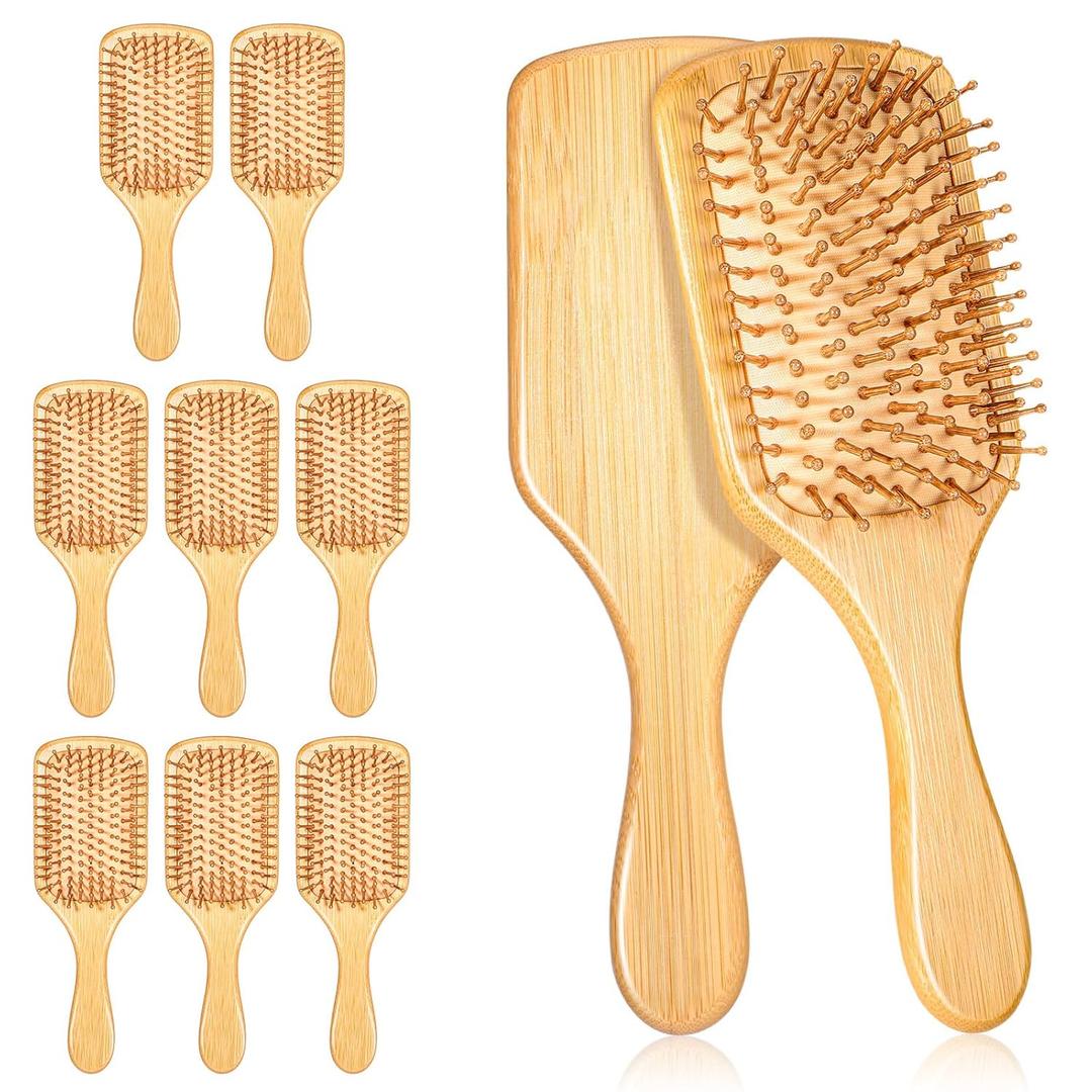 10 Pcs Bamboo Hair Brushes Bulk Anti Static Wooden Paddle Brush with Ergonomic Handle Round-tipped Bamboo Bristles Detangling Brush Paddle for Scalp Massage & Detangling, 9.65'' X 3.35''