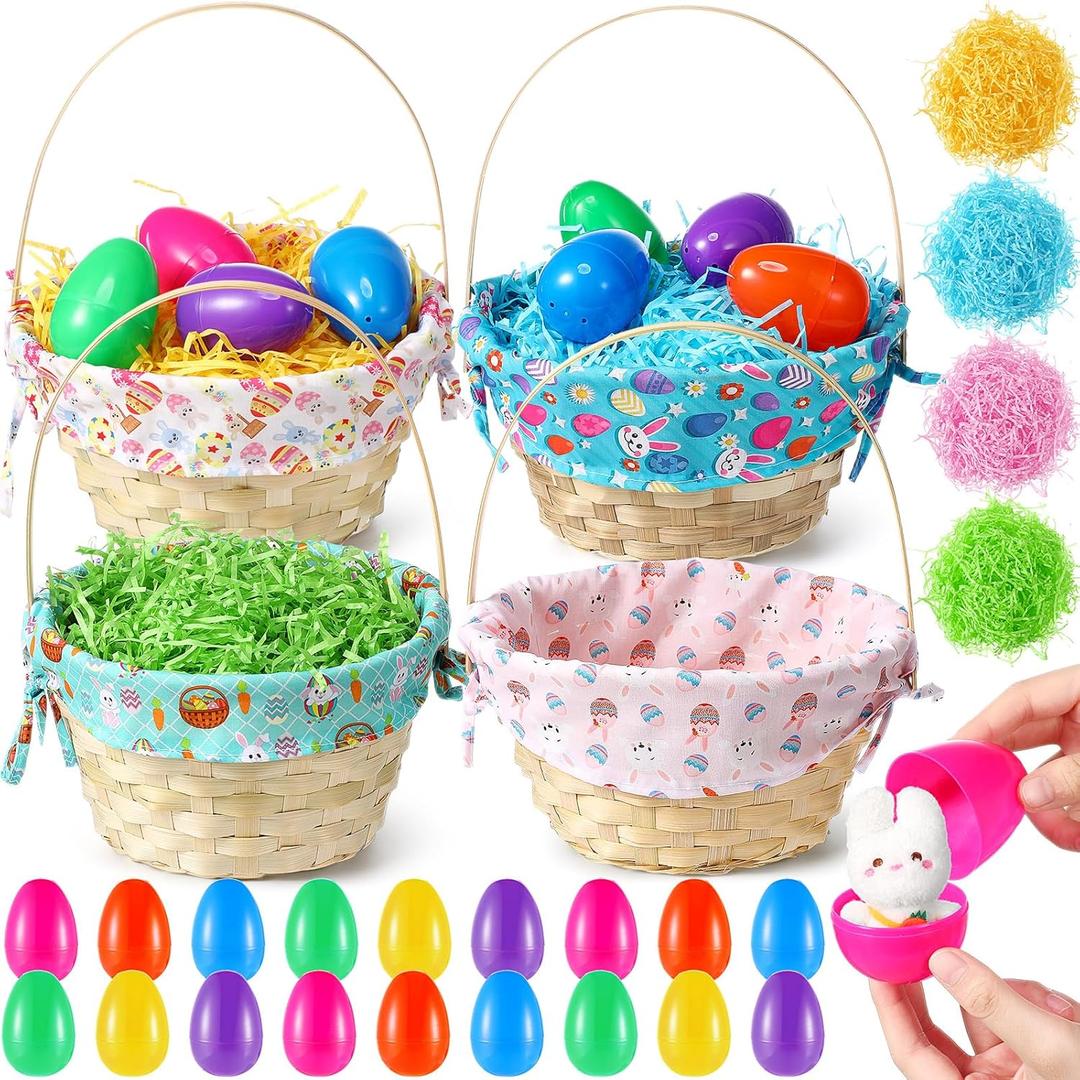 4 Sets Bamboo Woven Easter Baskets with Liners and Handle-10.8 x 8.7 x 4.95 Inch, Bulk Fillable Empty Easter Eggs and Raffia Grass for Spring Picnic Bunny Party Favors (Colorful)