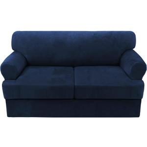 H.VERSAILTEX Sofa Cover 3 Piece T Cushion Loveseat Slipcovers Thick Velvet Couch Cover Furniture Protector Stretch T Cushion Sofa Covers for 2 Cushion Couch with 2 Individual T Cushion Covers, Navy