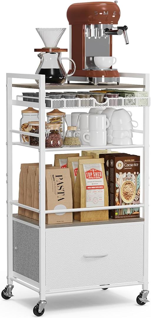 Coffee Bar Cabinet with Storage5 Tier Coffee Station Table on Wheels, 33.6" H Cart with Drawer for Home Kitchen, Liquor Buffet Sideboard Cabinet (Modern White)