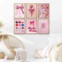 6Pcs Pink Preppy Canvas Wall Art Pink Bow Disco Ball Posters Prints Funky Cherry Ice Cream Pictures Paintings Cute Girl Wall Decor Suitable for Girls Bedroom, Dorm, Kitchen Decoration Unframed (8-10)