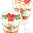 TOFLEN 6 oz Mini Dessert Cups with Lids and Spoons 75 Pcs | Serves 25 | Small Plastic Cake Cups Round Party Serving Cups for Parfait, Appetizers, Mousse, Dessert Shot Glasses