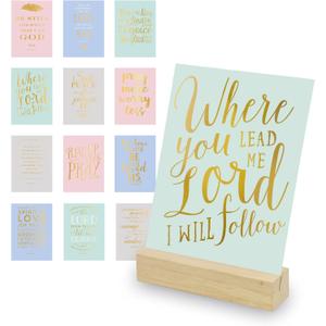 WORLD TRAVELER Eccolo Christian Art Desk Stand, Wooden Block Stand, 12 Gold Stamped Inspirational Cards