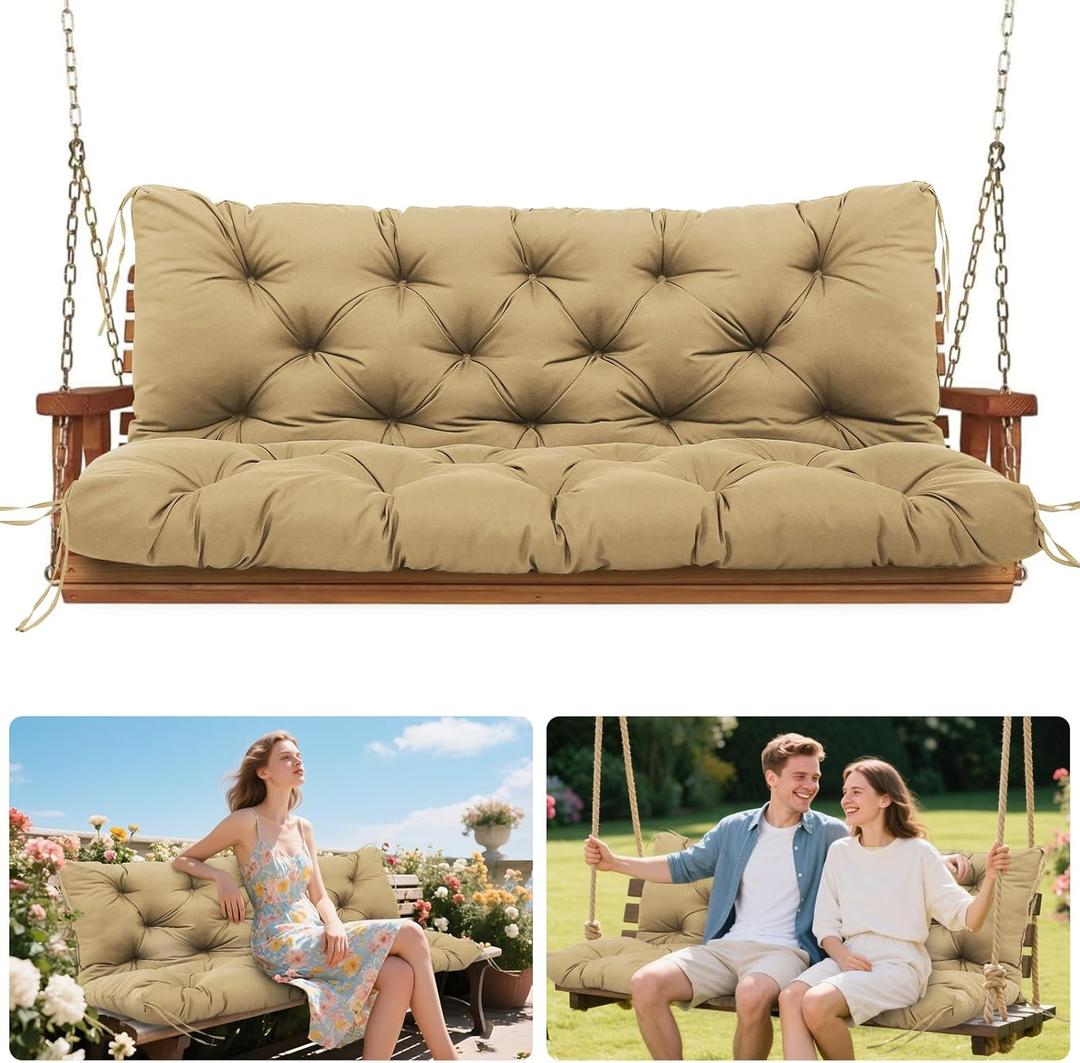 Premium 5" Thick Waterproof Outdoor Swing Cushions 3 Seat Replacement Porch Swing Cushions with Backrest&Ties Bench Cushion for Lawn Outdoor Patio Long Bench Furniture(Khaki 60405inch)