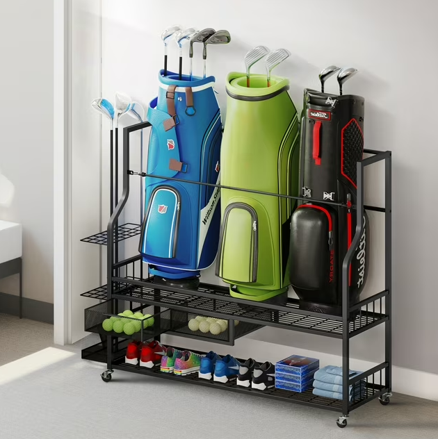 Golf Bag Storage Rack with Wheels for 4 Golf Bags Golf Storage Organizer for Garage Club and Basement