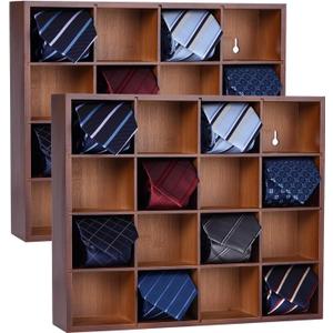 Tie Organizer Wall Mounted Tie Rack,Tie Box for Men,Tie Box Organizer with 16 CompartmentsTie Display Racks for Bedroom, Changing Room, Men Wardrobe(Brown,2 PCS)