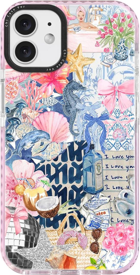 for iPhone 12 Case, Coastal Romantic Y2K Design with Military-Grade Drop Protection, Romantic Ocean Theme Ocean Theme TPU Cover with 1.5mm Camera Protection for Girls