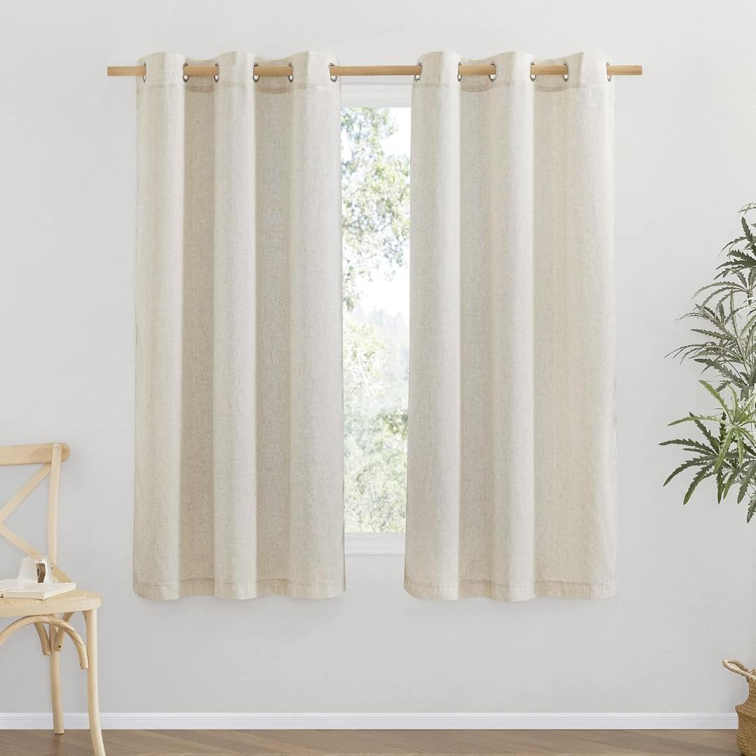 NICETOWN Thick Linen Blend Curtains Flax Textured for Bedroom, Rustic Grommet Semi Sheer Privacy Added Window Curtains & Drapes Light Filtering for Nursery, Natural, W42 x L63, Set of 2
