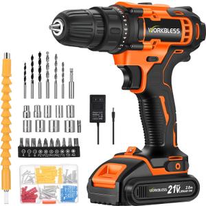 WORKBLESS 21V Power Drill Set, Cordless Drill with Battery and Charger, 3/8'' Keyless Chuck, Variable Speed, 18+1 Torque Setting and 28pcs Drilling/Driver Bits Tool Set(Orange)