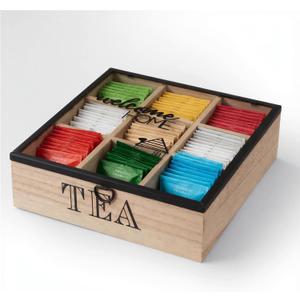 Wood Tea Box Organizer with 9 Compartments & Clear Acrylic Top Window, Multi-Functional Storage Box Tea Bag Holder for Home Cabinet, Office Pantry