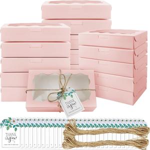 40 Pack Cookie Boxes with Clear Window, 7 x 4 3/8 x 1 Inch Small Pink Kraft Candy Boxes Premium Pastry Boxes with Tags Ropes for Cookie Packaging, Dessert, Donuts, Pie, Cupcakes, Parties
