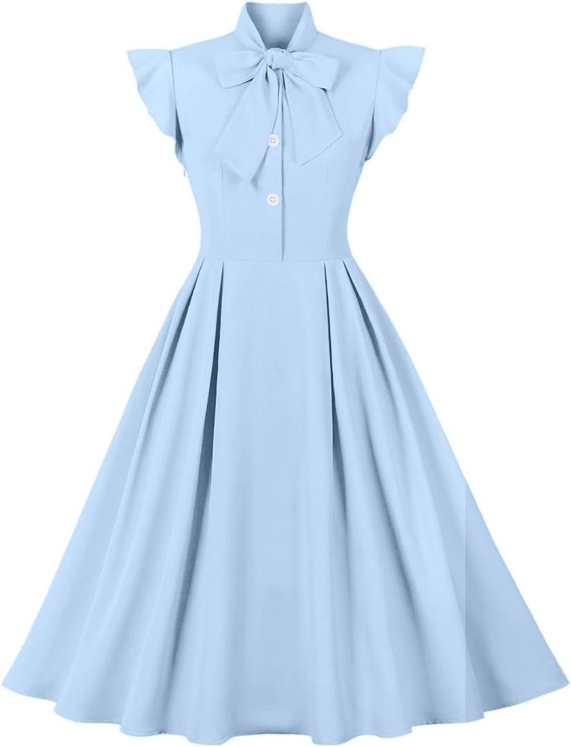Women Short Sleeve Tie Neck Vintage Cocktail Party Dress Buttons Down 50s Flared A-Line Casual Office Work Prom Swing Dress (Medium, Lake Blue)