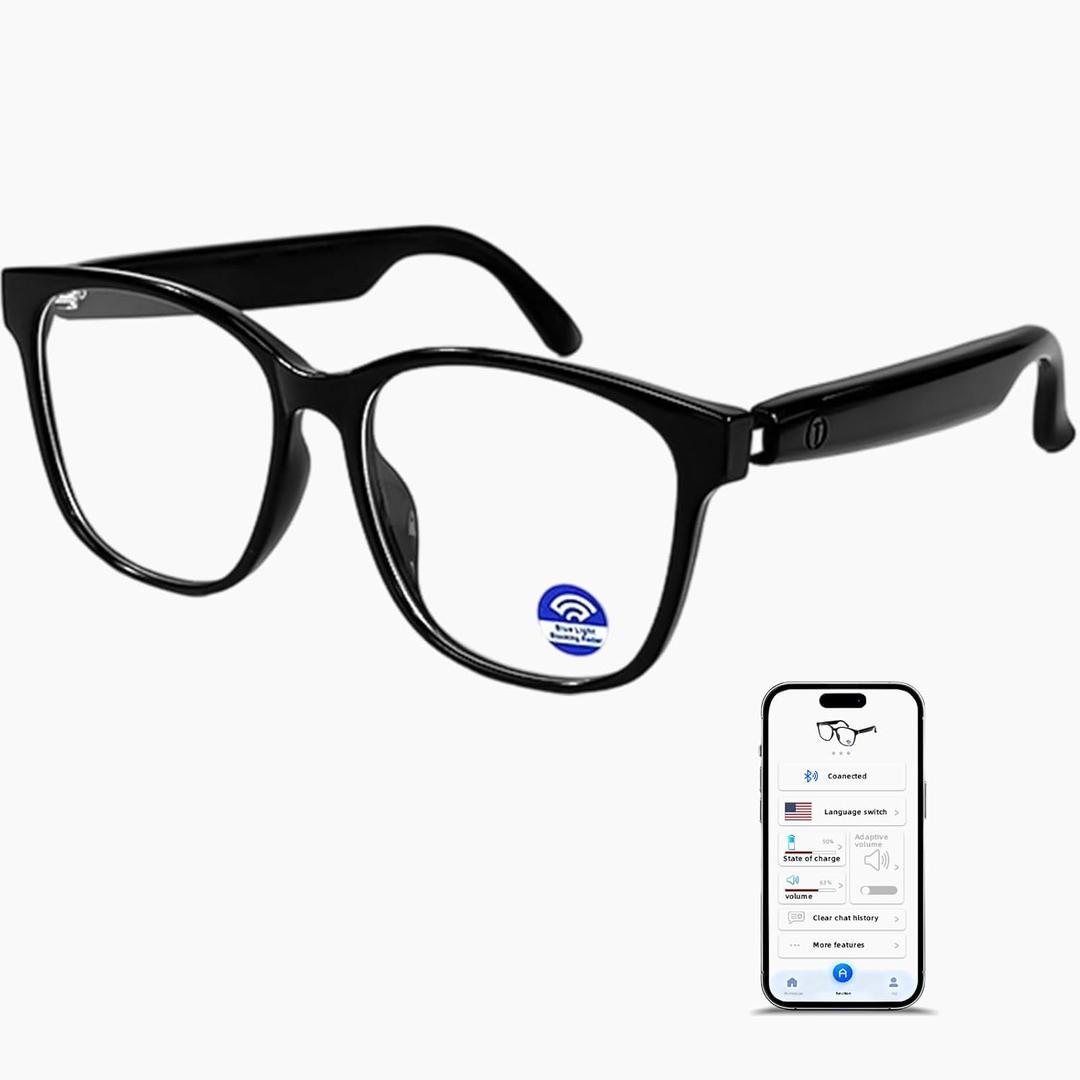 AI Smart Bluetooth Glasses, Bluetooth 5.4, Open-Ear Translation Sunglasses with 144 Languages & Accents, Polarized UV400 Lenses for Daily Travel Business Outdoor Sports (Black Frame Transpraent Lens)