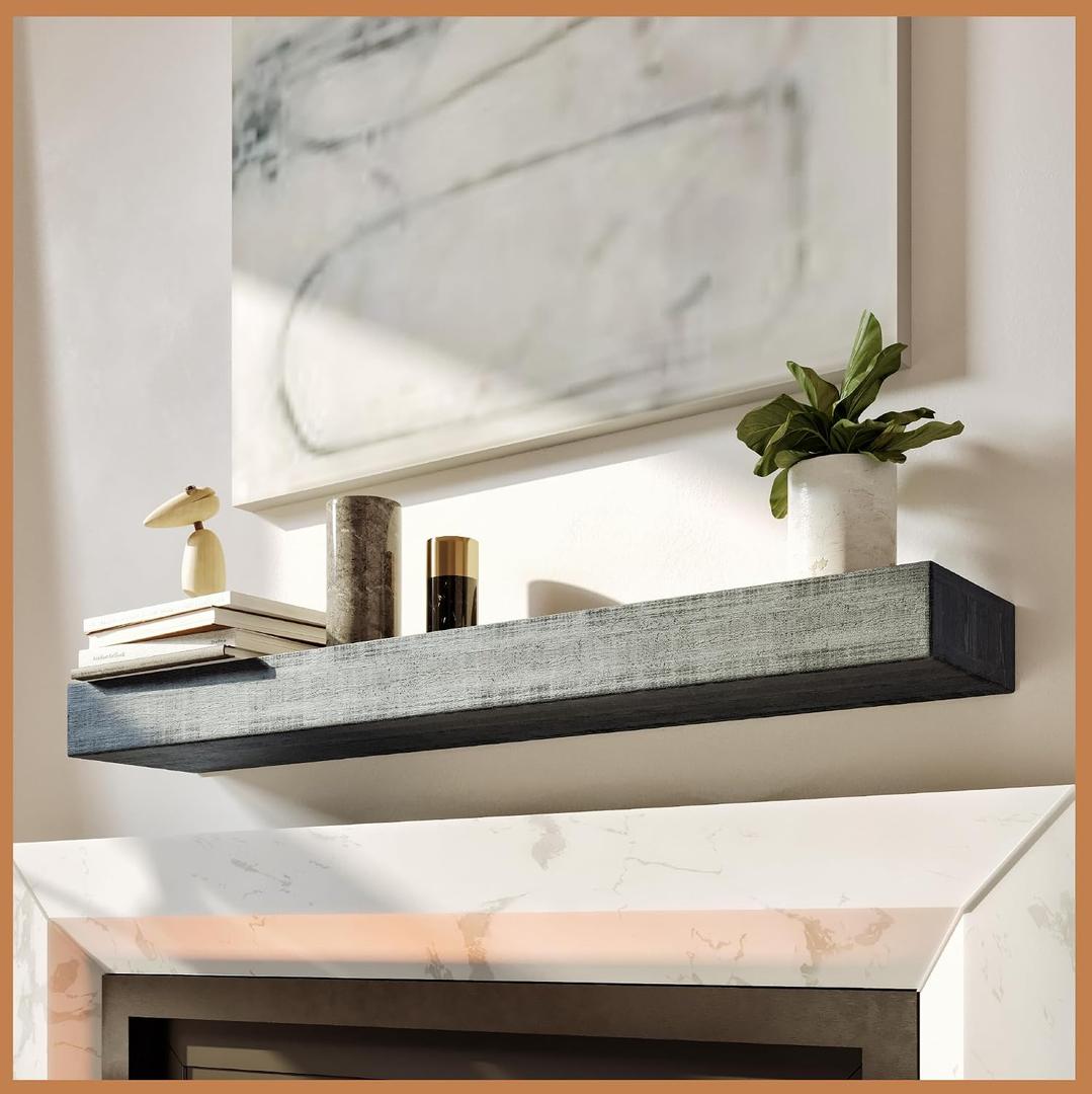 Avana Natural Fireplace Mantle - Handcrafted Wood, Mounted, 48 X 8 X 3 Inch - Grey