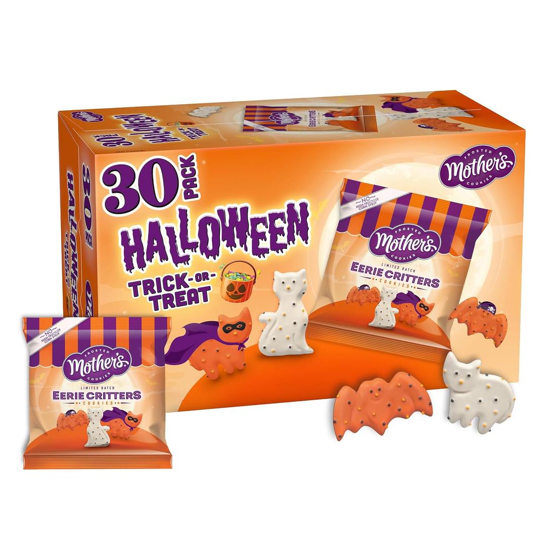 Mothers Circus Halloween Animal Cookies, Snack Pack Halloween Treats for Kids, Individually Wrapped Halloween Cookies, Cats and Bats Frosted Animal Cookies with Sprinkles, 30ct Box (EXP 02/06/26)