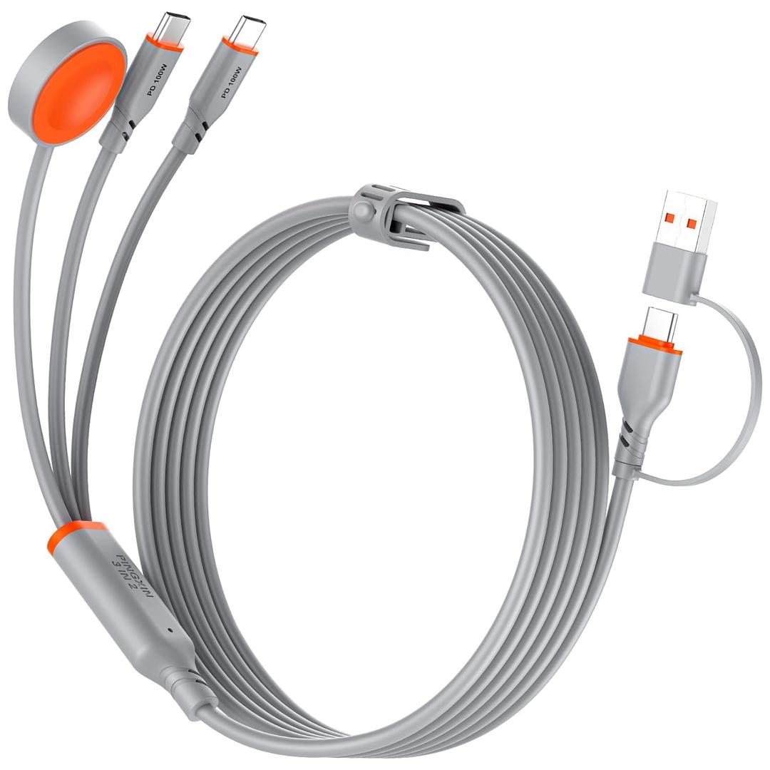 Travel Essentials 3 in 2 Multi Charging Cable 100W USB A/C to Dual USB C/for Apple Watch Charging Cable Silicone Fast Charge Compatible with iPhone 17-15 Series iPad MacBook, Type-C Devices 5FT-Grey