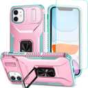 Case for iPhone 11 Case with Tempered Glass Screen Protector and Slide Camera Cover, Rotated Ring Car Mount Holder Shockproof Cover for iPhone 11 PC Pink
