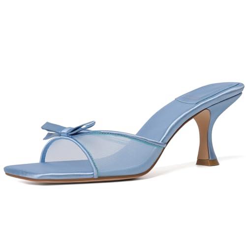 Mostrin Blue Mesh Kitten Heels for Women Open Square Toe Mule Heeled Sandals With Bow Slip On Backless Dress Shoes for Wedding Party Holiday Size 7.5