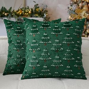 Kevin Textile Christmas Tree Pillow Covers 18x18 Inch Set of 2 Soft Plush Faux Fur with White Snow Embroidery Decoration Pillowcases for Couch Sofa Holiday Festivals Winter Xmas Gift, Dark Green