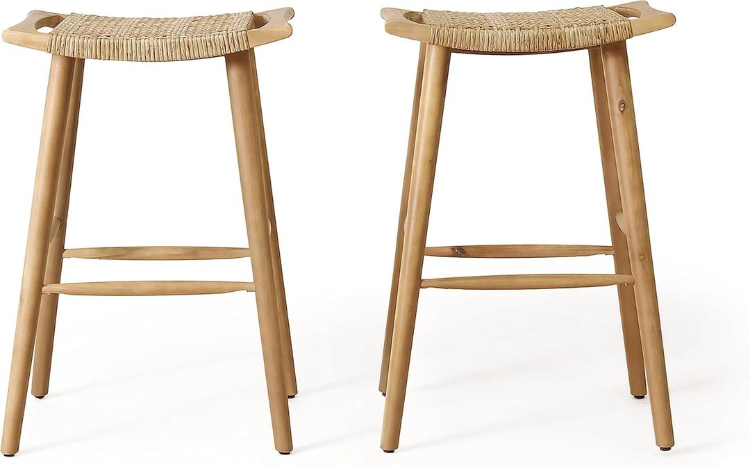 Christopher Knight Home Magwen Outdoor Acacia Wood Barstool with Wicker (Set of 2), Light Brown and Light Multi-Brown