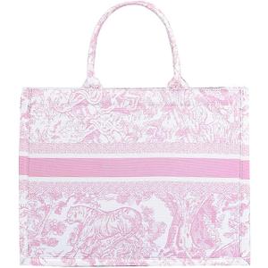 Fashion luxury tote bag cotton linen one shoulder handbag large capacity jacquard embroidery retro exquisite graffiti (Pink)