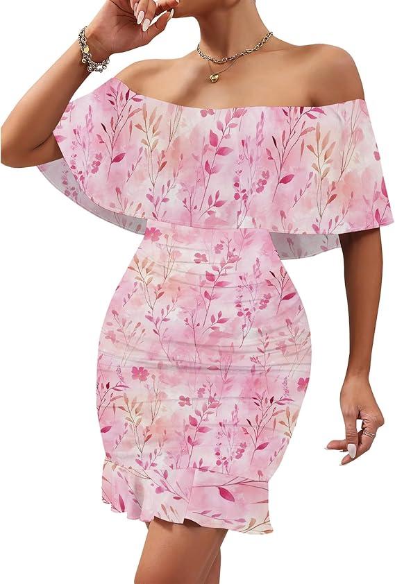 PinkPatty Summer Mini Dress for Women Off Shoulder Ruffled Bodycon Dresses Short Beach Sundress, Medium (A - Floral#03)