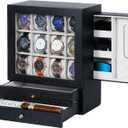 Large Watch Box for Men - 12-Slot Watch Display Case with Side Drawers for Sunglasses Necklaces, 2 Bottom Drawers for Jewelry Rings and More - Gift for Your Loved Ones, Black and Gray