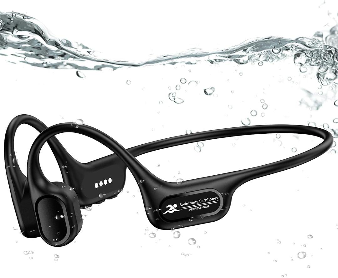 Swimming Headphones IP68 Waterproof, Open Ear Bone Conduction Underwater Headphones Bluetooth 5.4& MP3 with 32GB Memory Card, Soft/Skin/Lightweight Sound Swim Earbuds-SurfAudio(Black)