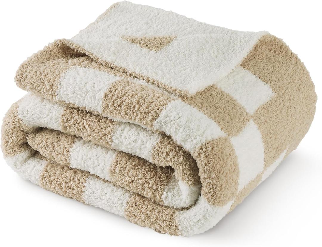 Bedsure GentleSoft Checkered Twin Blanket for Couch, Super Soft Cozy & Warm Knit Throw Blanket, Lightweight & Fluffy Plaid Blankets for Bedding, Sofa, Gifts for Women Men, Beige, 60x80 Inches