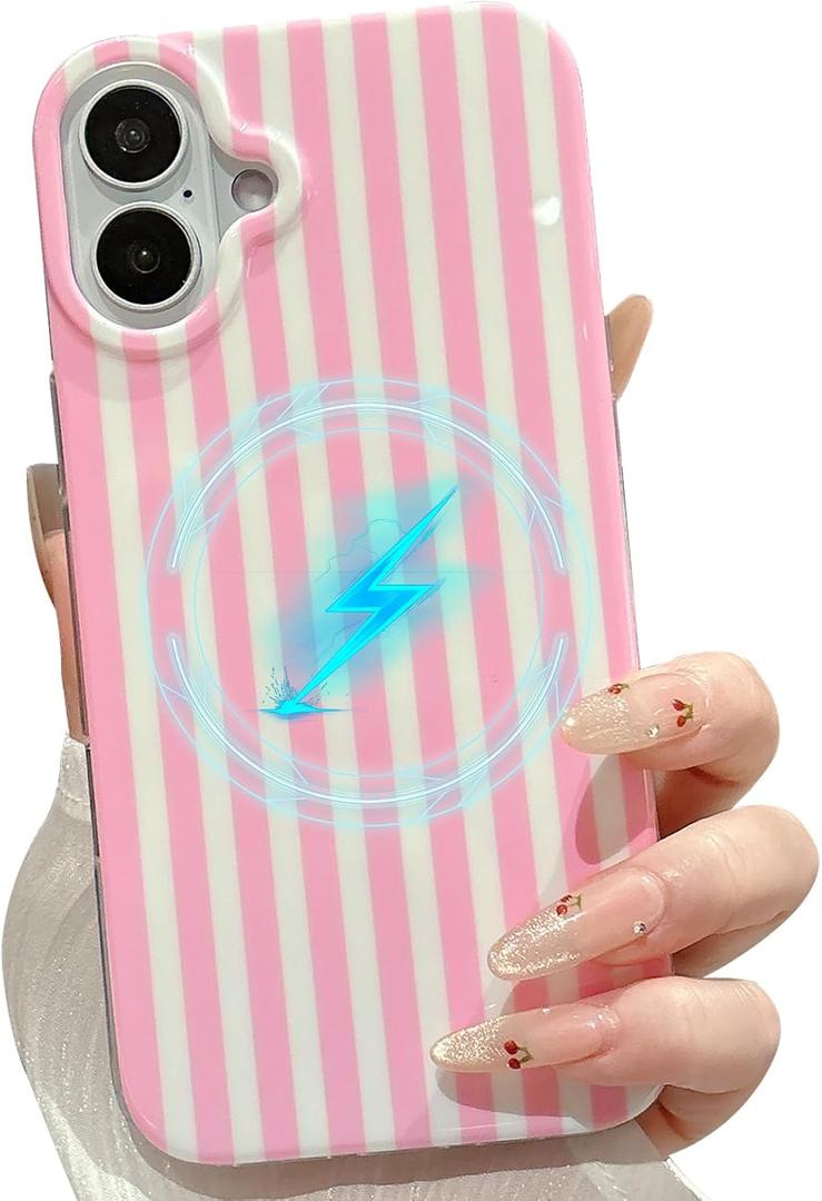 Magnetic Cases for iPhone 16 Case Striped Phone Case Cute Women Girly Trendy Compatible with MagSafe,Shockproof Slim Soft TPU and Hard PC Protective Cover Pink