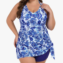 Hanna Nikole Women Plus Size Two Piece Tankini Swimdress V Neck Halter Floral Asymmetrical Hem Skirted Swimsuit with Boyshort, 24 W