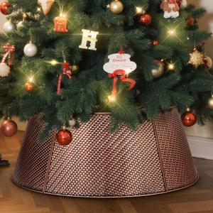 Lanpn Metal Christmas Tree Collar 20 inch, Christmas Tree Ring Collar for Small Mini Pencil Xmas Stand Cover Real Artificial Trees Indoor Outdoor Decoration (Bronze, Twill Weave)