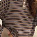 Women Oversied Stripd Rugby Shirt Y2k Long Sleeve Button Collared Preppy Polo Sweater Vintage Aesthetic Streetwear Light Brown (XL)