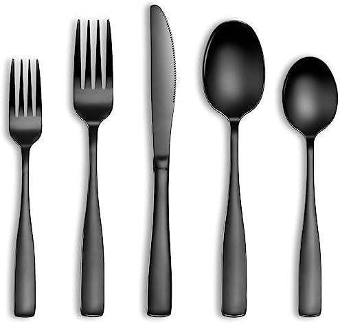 17 Pcs Black Silverware Set, Food-Grade Stainless Steel Flatware Set for 4, Square Cutlery Set, Mirror Polished Tableware Eating Utensils Set for Kitchen, Include Knife Fork Spoon Set,Dishwasher Safe
