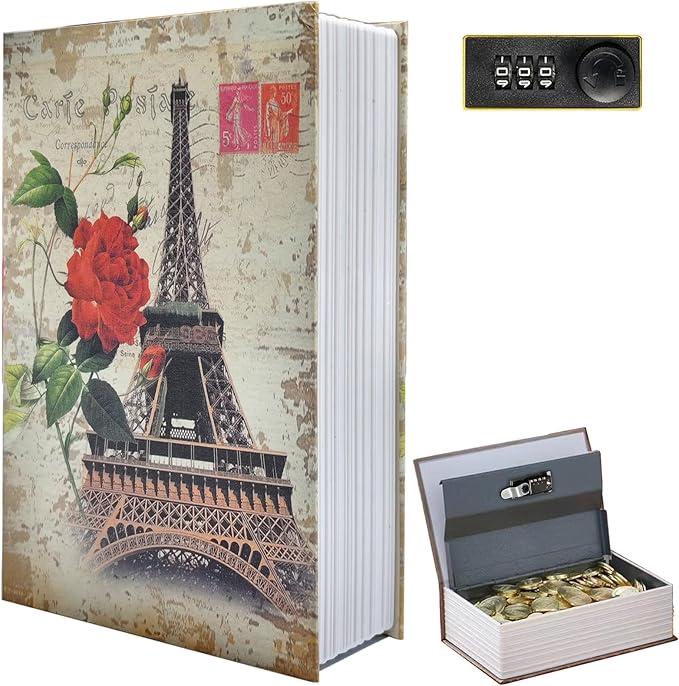 Paris Book Safe Box with Combination Lock, Diversion Safe Vintage Faux Book Hidden Safe for Decoration, Secret Storage Box for Home Office Café Bookshelf Decor (9.5"×6"×2.2")