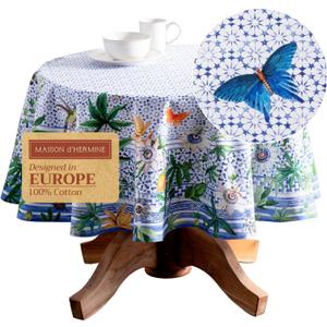 Maison d' Hermine Table Cloth Round Table 100% Cotton 69 Round Inches Tablecloth Reusable Decorative for Dining Kitchen Room Farmhouse Home Gifts for Mothers Day Spring Summer - Passiflora