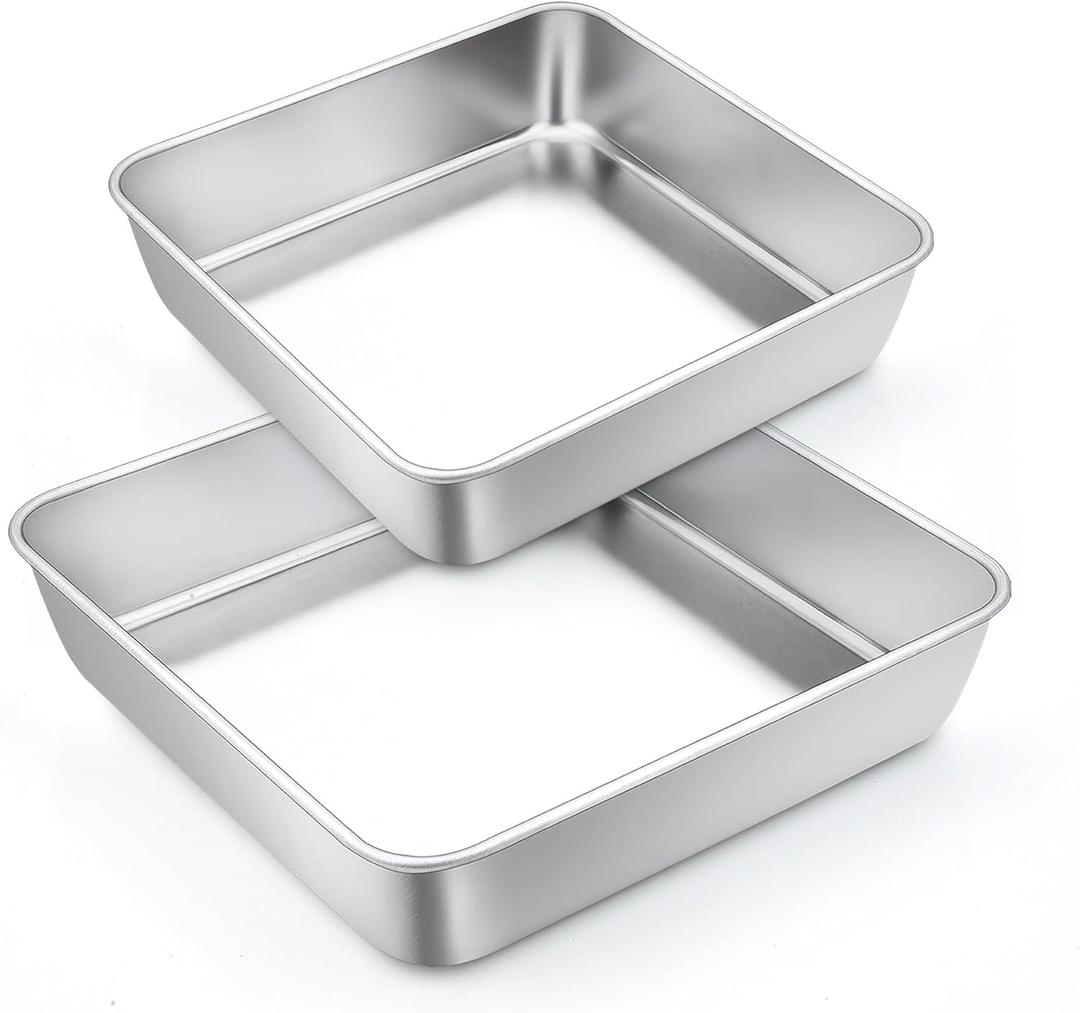 TeamFar Square Cake Pan, Stainless Steel 6 & 8 Inch Square Baking Pan for Brownie Lasagna, Non-Toxic & Heavy Duty, One Piece Design & Smooth, Dishwasher Safe - Set of 2