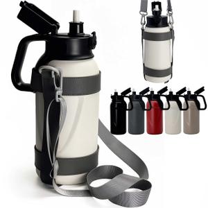 46oz 1.3L Double Wall Stainless Steel Vacuum Insulated Water Bottles with Straw and Adjustable Strap, Large Metal Canteen for Sport Gym Fitness Camping Outdoor Workout, Beer Growler Container (White)