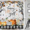 Riyidecor Happy Fall Shower Curtain for Bathroom Decor 60Wx72H Farmhouse Maple Leaf Pumpkin Floral Autumn Black White Plaid Wooden Rustic Art Printed Fabric Polyester Waterproof 12 Pack Plastic Hooks