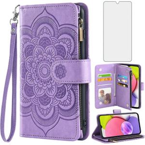 Asuwish Phone Case for Samsung Galaxy A03s US Version 5G 2022 Wallet Cover with Tempered Glass Screen Protector and Flip Card Holder Cell Accessories Gaxaly Ao3s A 03s SM-A037U SM A037U Women Purple