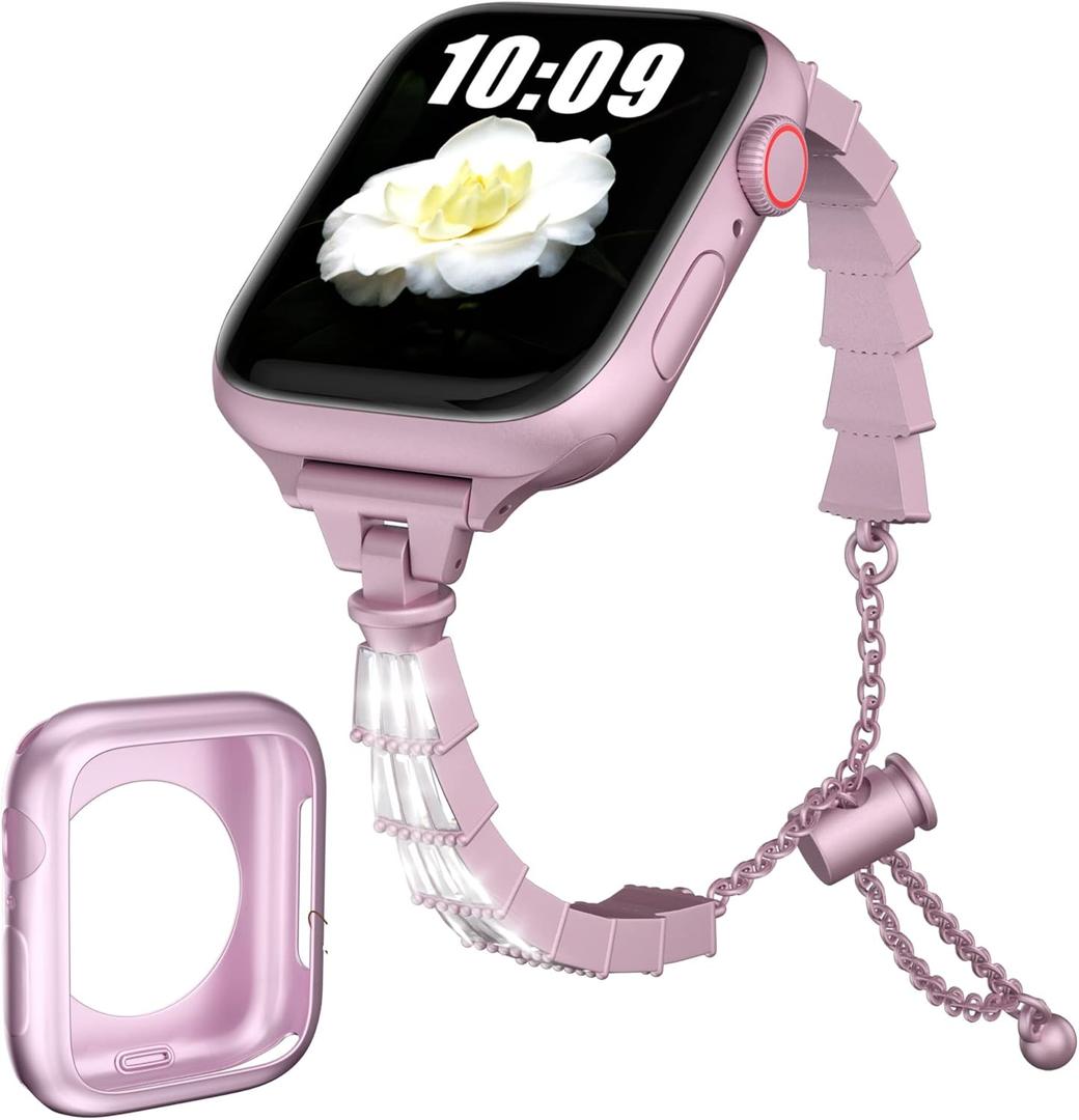 Fitlink Stainless Steel Apple Watch Band for Women, Bling Apple Watch Bands 38mm 40mm 41mm 42mm 44mm 45mm for Apple Watch Series 7 Apple Watch Series 6 Apple Watch SE Apple Watch 3 4 5 (Pink)