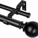 KAMANINA Black Double Curtain Rods 36 to 72 Inches(3-6 Feet), 1 Inch Heavy Duty Curtain Rods for Windows 28 to 48 In, Telescoping Curtain Rod for Bedroom, Dual Curtain Rod with Round Finials