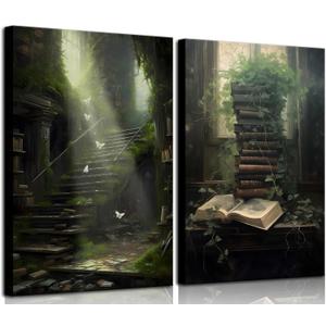 2Pcs Dark Academia Canvas Wall Art Vintage Moody Book Green Botanical Cottagecore Posters Prints Victorian Gothic Aesthetic Gallery Library Room Decor Pictures 12x16in