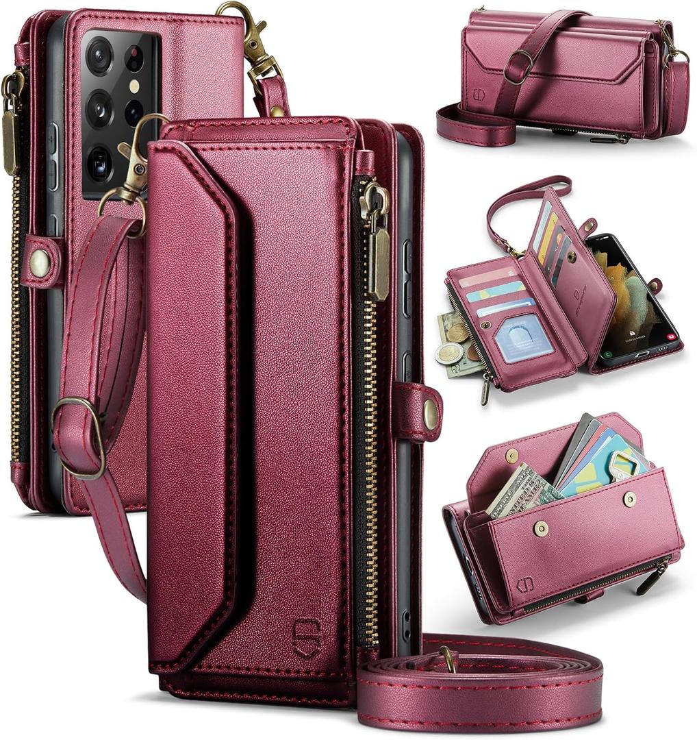 Strapurs Crossbody Wallet Case Compatible with Samsung Galaxy S21 Ultra 5G RFID Blocking 10-Card Holder Soft PU Leather Magnetic Snap Strap Zipper Pocket Phone Case Fit for Galaxy S21 Ultra - Wine Red