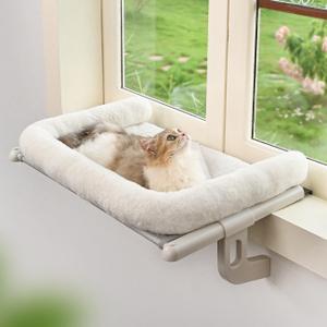 Cat Window Sill Perch with Large Bolster, Easy to Adjust & Assemble Cat Window Seat for Windowsill & Bedside, Pet Hammock Bed for Large Cats and Kittens (White, M) (Medium)