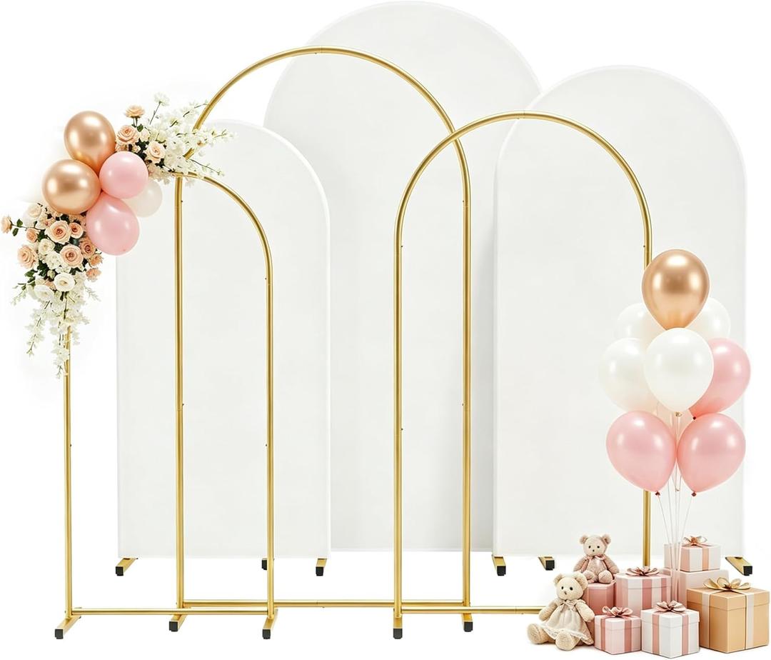 Arch Backdrop Stand and Cover Set 7.2FT/6.6FT/6FT, Gold Wedding Arch Frame with White Arch Cover Stretchy Spandex Wrinkle-Resistant, Wedding Arches for Ceremony Birthday Party Baby Shower