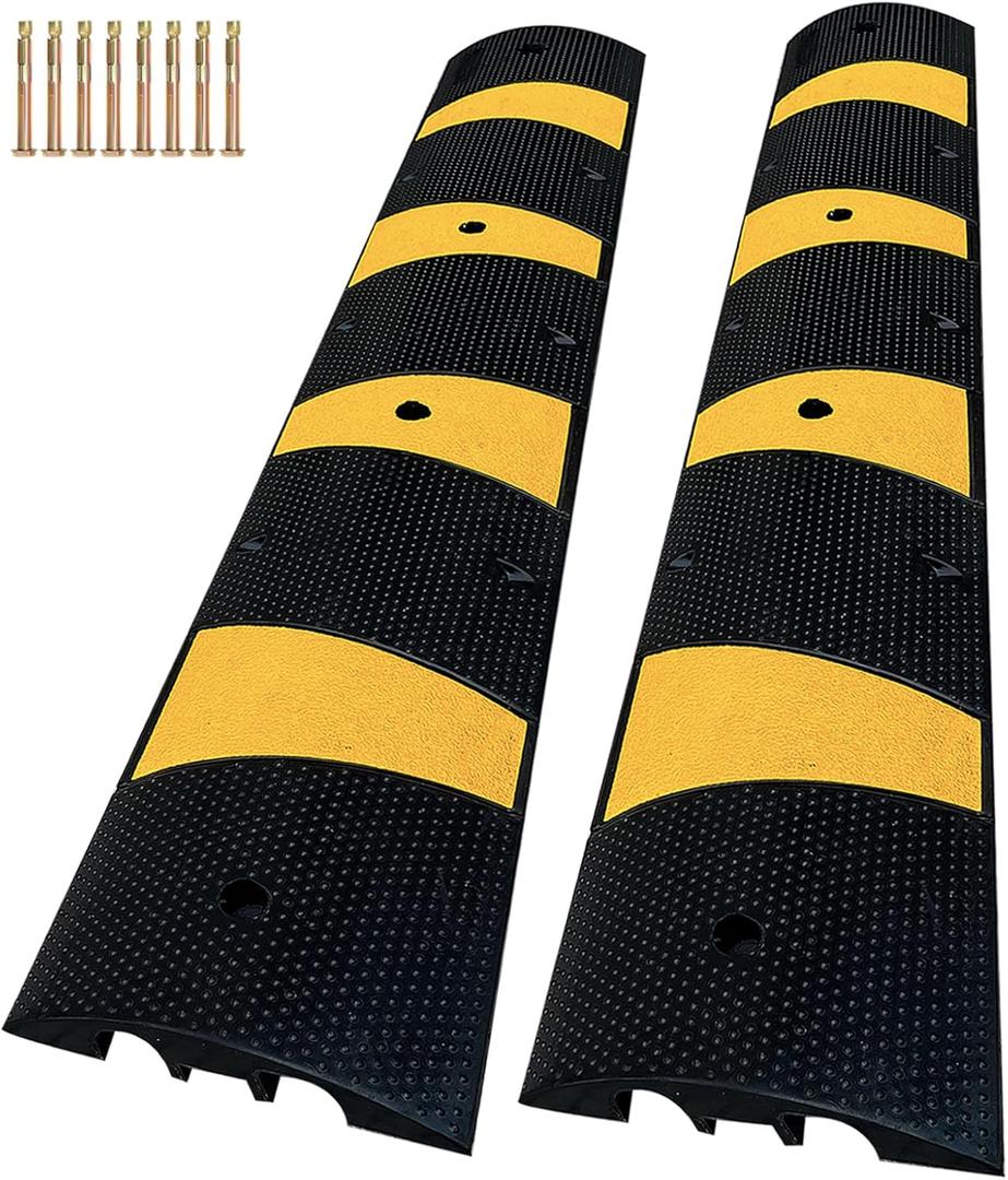 WKINGBOOM 2 Channel Rubber Speed Bumps Humps, 6 Feet Long Traffic Driveway Ramp with 8 Bolts, 22000 lbs Capacity Cable Protector Ramp for Garage Gravel Roads Asphalt Concrete, 2 Packs