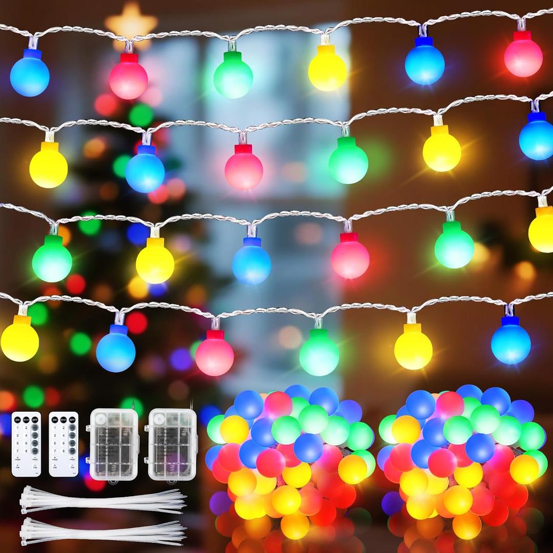 Enhon 2 Pack 23 ft 50 LED Battery Operated String Lights, Globe Starry Fairy Lights, 8 Modes, Plug in with Timer for Indoor Outdoor Bedroom Holiday Wedding Party Christmas Decor (Multicolor)