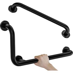 Black L-Shaped Grab Bar 12x24 Inch + Knurled Shower Grab Rail 20 Inch, Zepolu Stainless Steel Toilet Safety Bar 90 Degree, Angled Balance Support Assist Bar for Elderly, Bathroom Mobility Aid Handrail